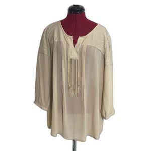 Chico's Sheer Cream Blouse with Beaded Fringe Detail Women Size XXL Embroidered